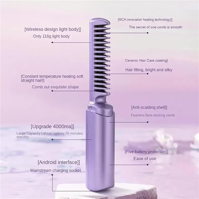 2-in-1 Wireless Professional Hair Straightener Curler Comb Fast Heating Negative Ion