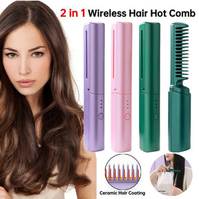 2-in-1 Wireless Professional Hair Straightener Curler Comb Fast Heating Negative Ion